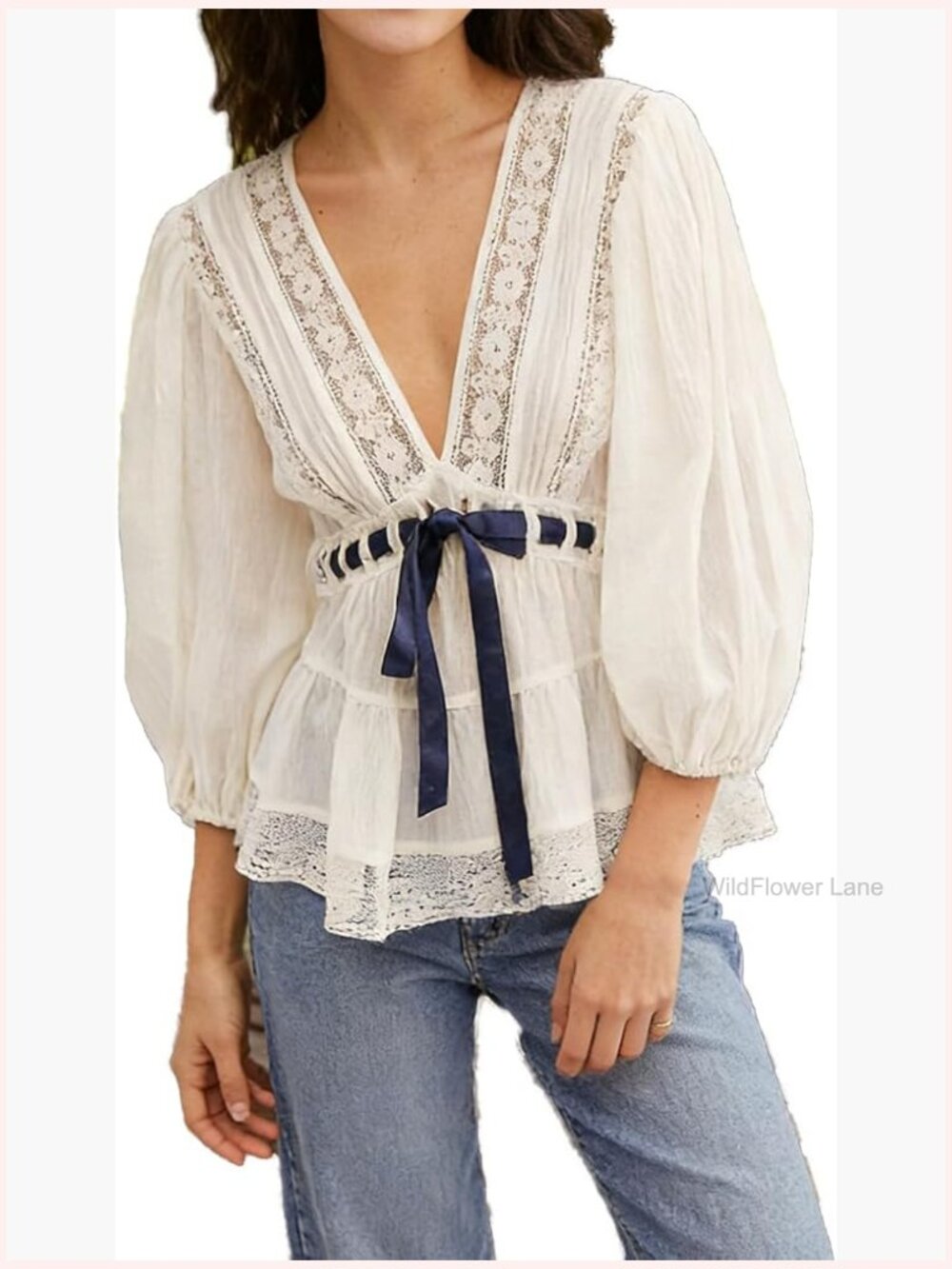 Sheer Lace Trim Puff Sleeve Blouse Tie Front Flowy Peplum Tunic - Picture 1 of 7